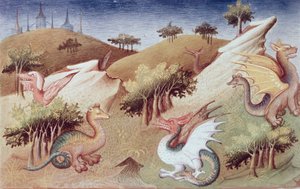 السيدة Fr 2810 f.55v ، التنين والوحوش الأخرى ، من "Le Livre des Merveilles du Monde" ، c.1410-12 (درجة الحرارة على الرق)